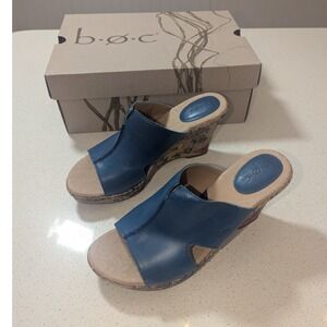 b.o.c. Eddie II Wedge Sandals Womens 8 Blue Leather Good Floral Cork Slides